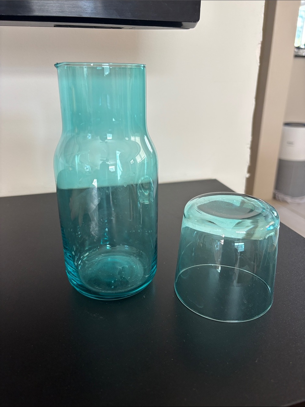 -Jonathan Adler Biba bedside aqua glass carafe, and Tumblr set